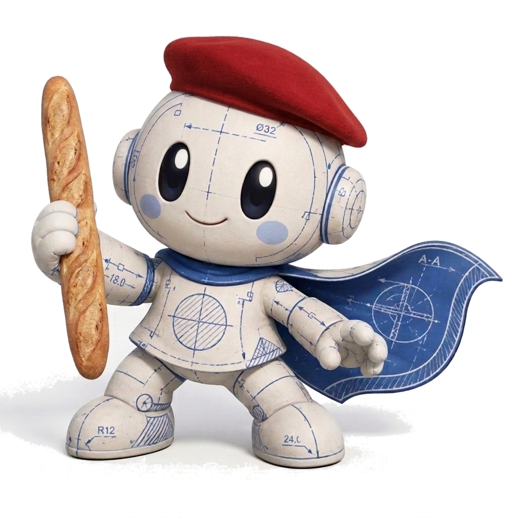La mascota de superglass con una boina roja y una baguette